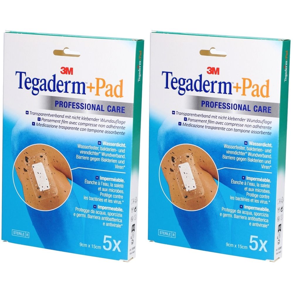 Deux boîtes de 3M Tegaderm+Pad. Inscription : Soins professionnels, imperméable, antibactérien. 5 pièces, 9 x 15 cm.