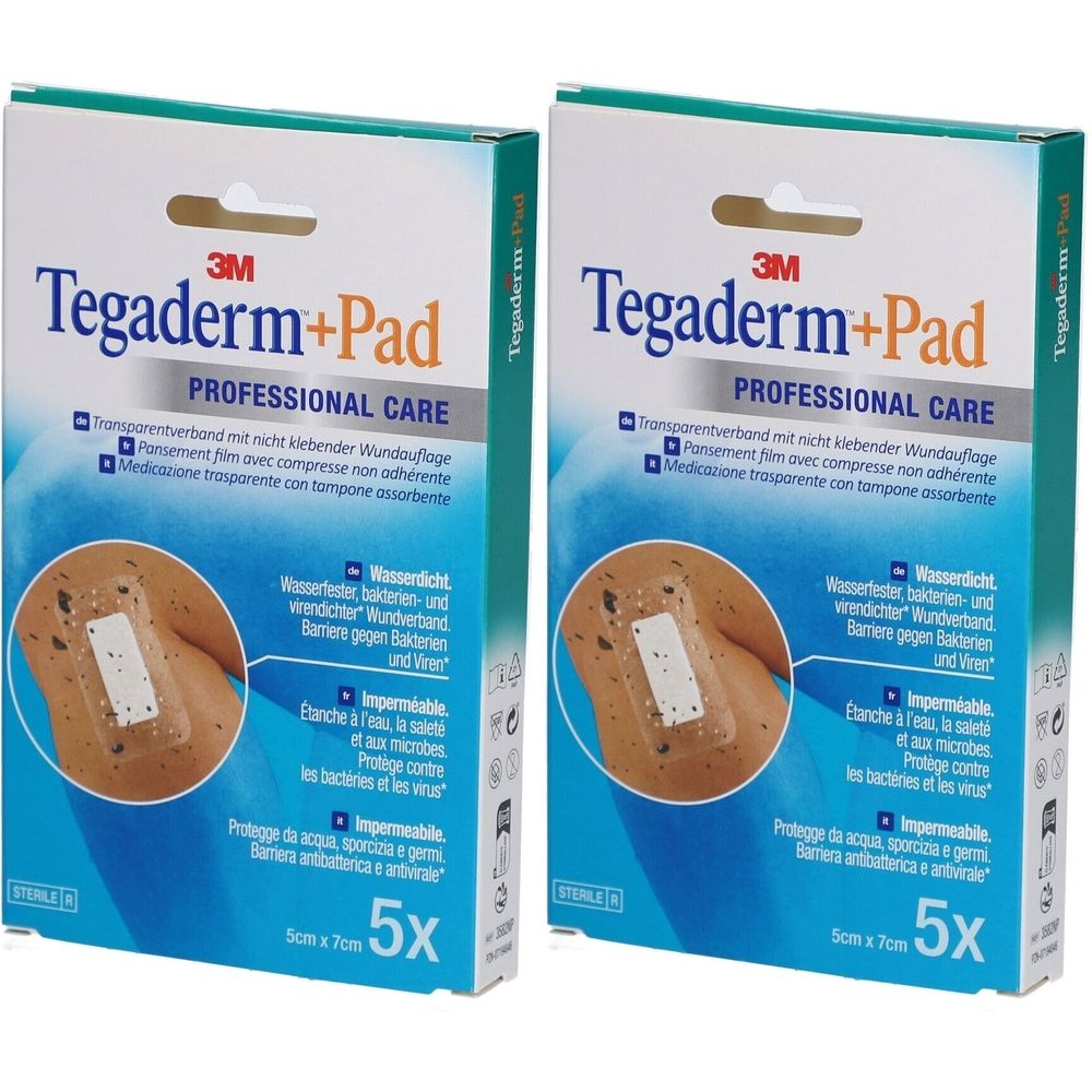 Zwei Packungen 3M Tegaderm+Pad Folienverband. Aufdruck: 5 x 7 cm, 5 Stück. Professionelle Pflege. Transparentverband mit nicht haftender Kompresse.