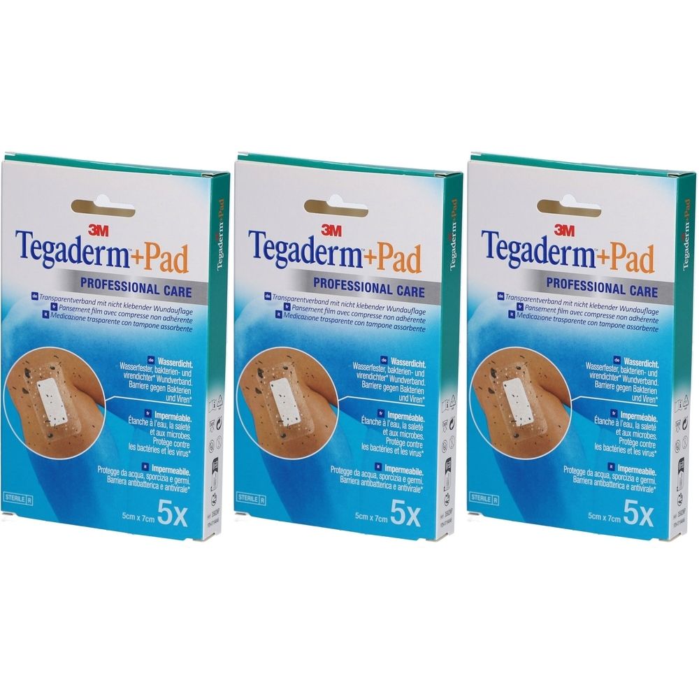 Drei Packungen 3M Tegaderm+Pad. Jede Packung enthält 5 Verbände. Aufdrucke: Professional Care, sterile, wasserdicht.