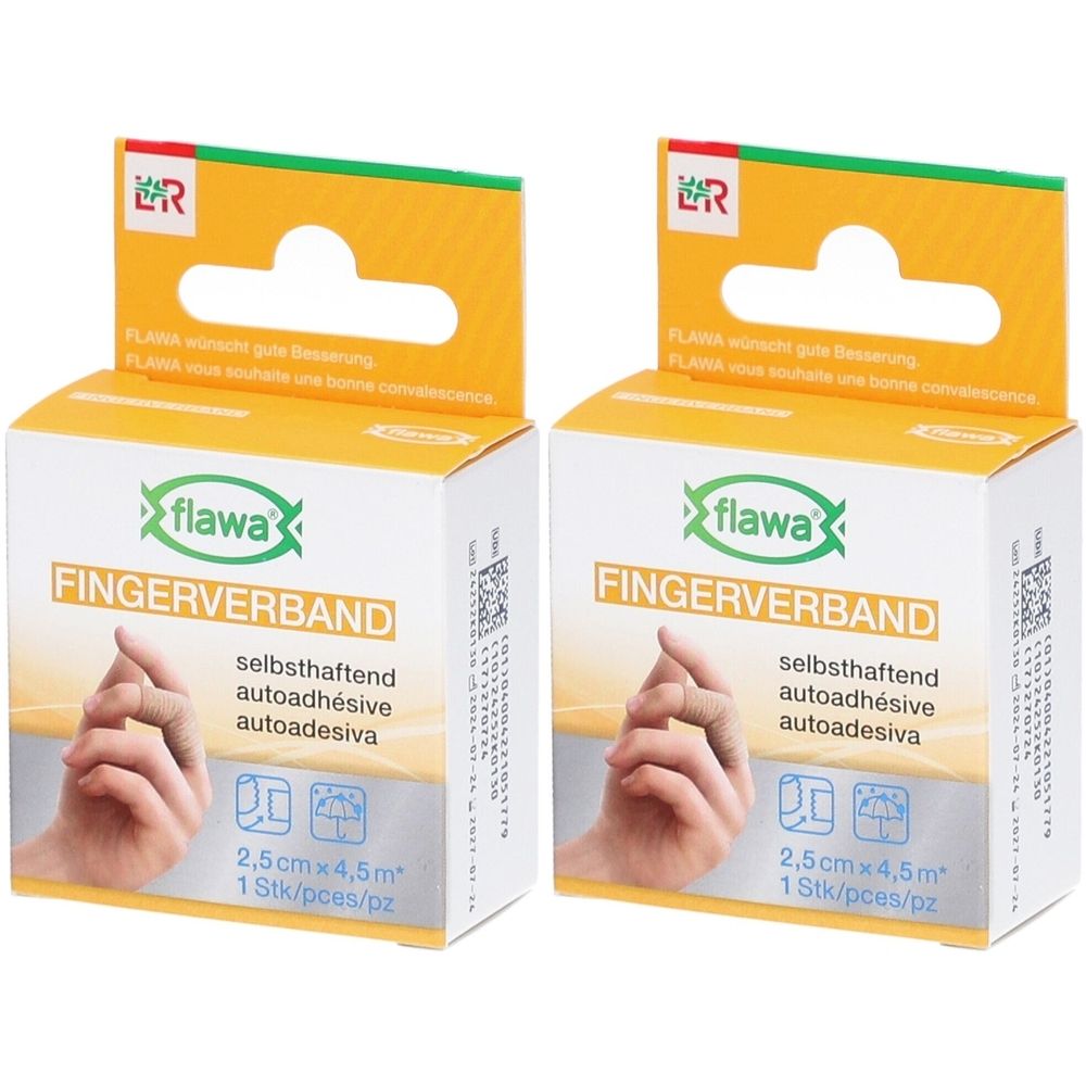Zwei Packungen Fingerverband. Aufdruck: flawa, FINGERVERBAND, selbsthaftend, 2,5 cm x 4,5 m. Gezeigt ist ein Finger mit Verband.