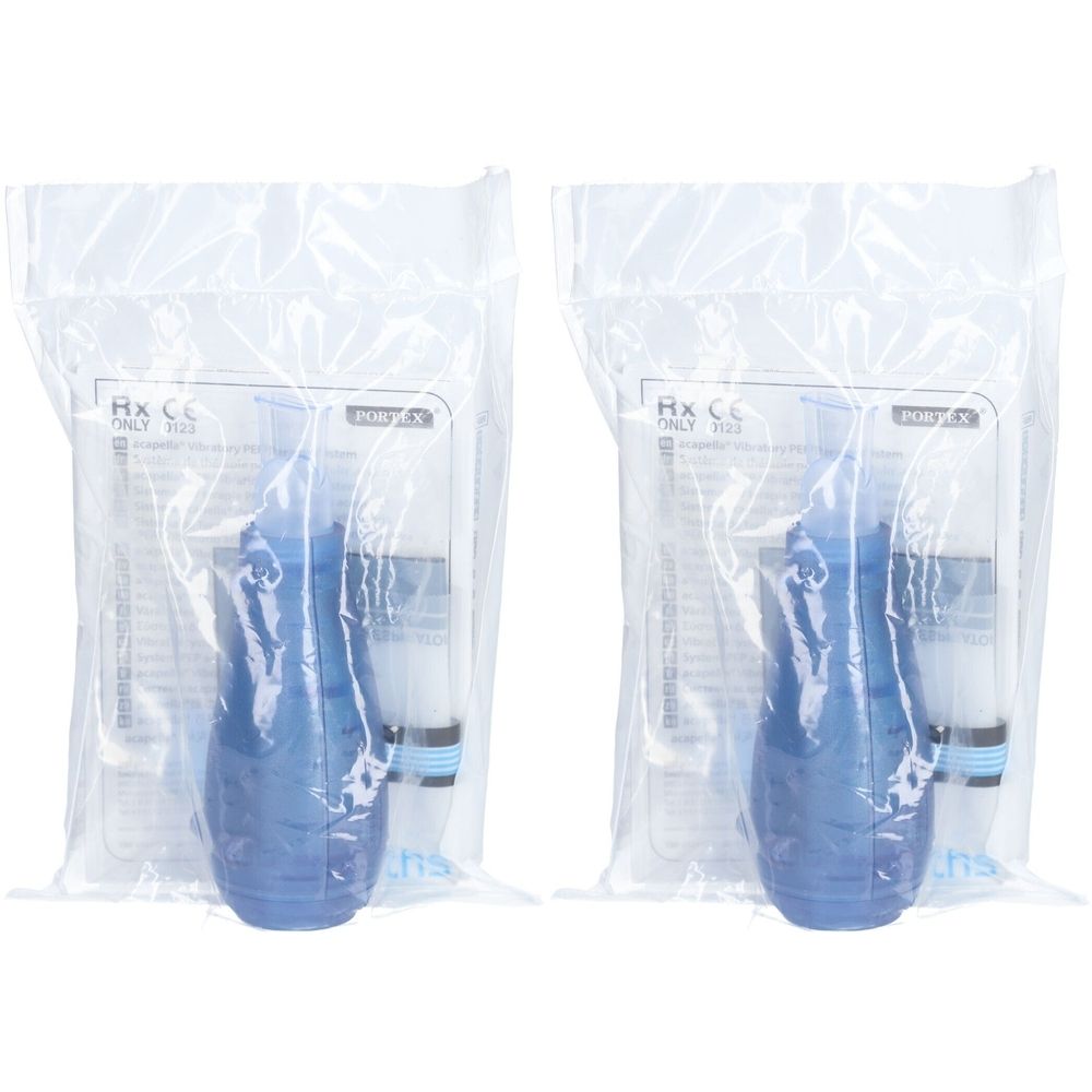 Deux dispositifs médicaux bleus dans des emballages plastiques transparents. Chaque dispositif a une forme de poire et des accessoires.