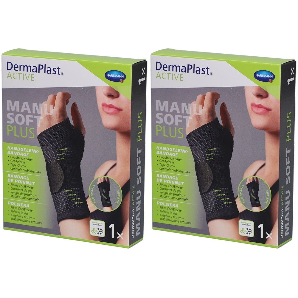 Verpackung von DermaPlast Active Manu Soft Plus Handgelenkbandage. Schwarze Bandage auf der Verpackung abgebildet. 1 Stück.