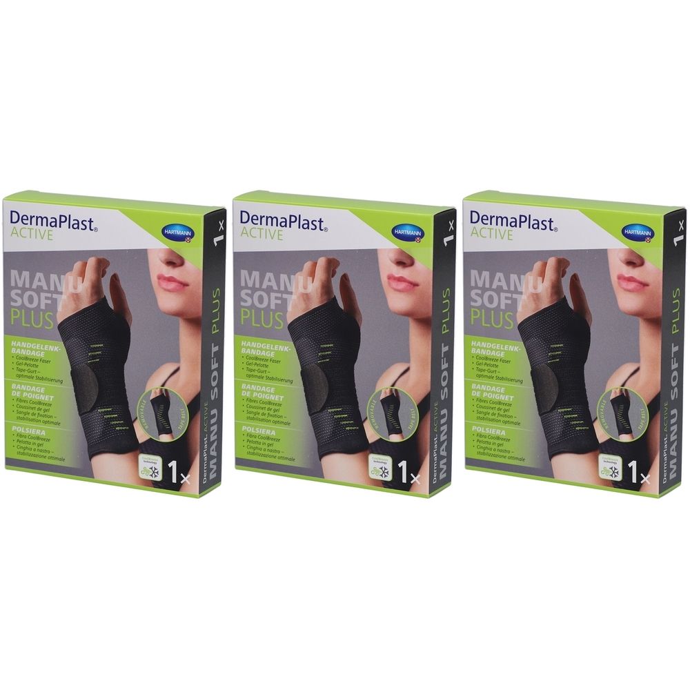 Drei Verpackungen der Handgelenkbandage. Aufdruck: DermaPlast Active Manu Soft Plus. Abbildung einer Handgelenkbandage.