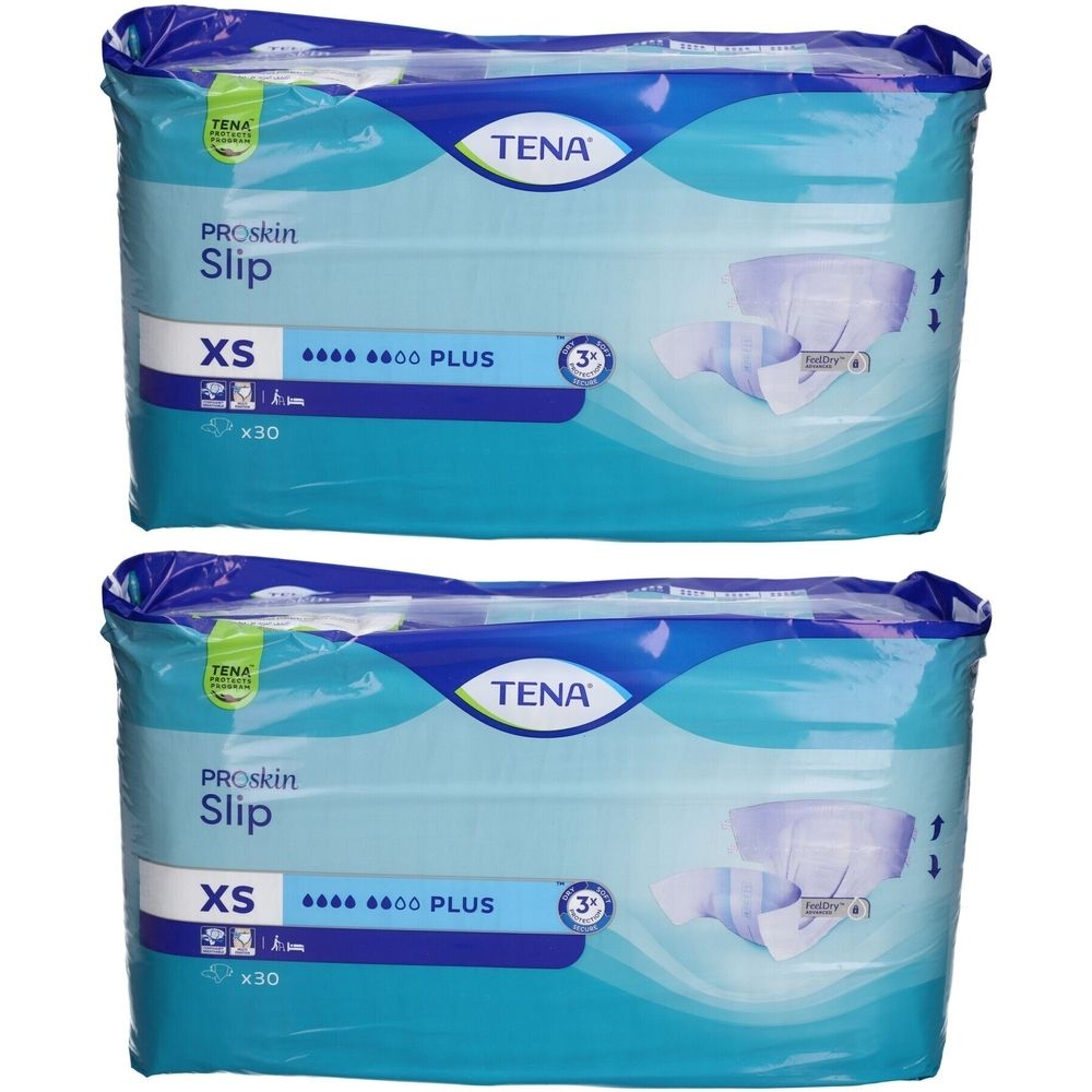 Zwei Packungen TENA Slip XS. Blaue Verpackung mit Produktbezeichnung, Saugstärke und Anzahl. Marke TENA.