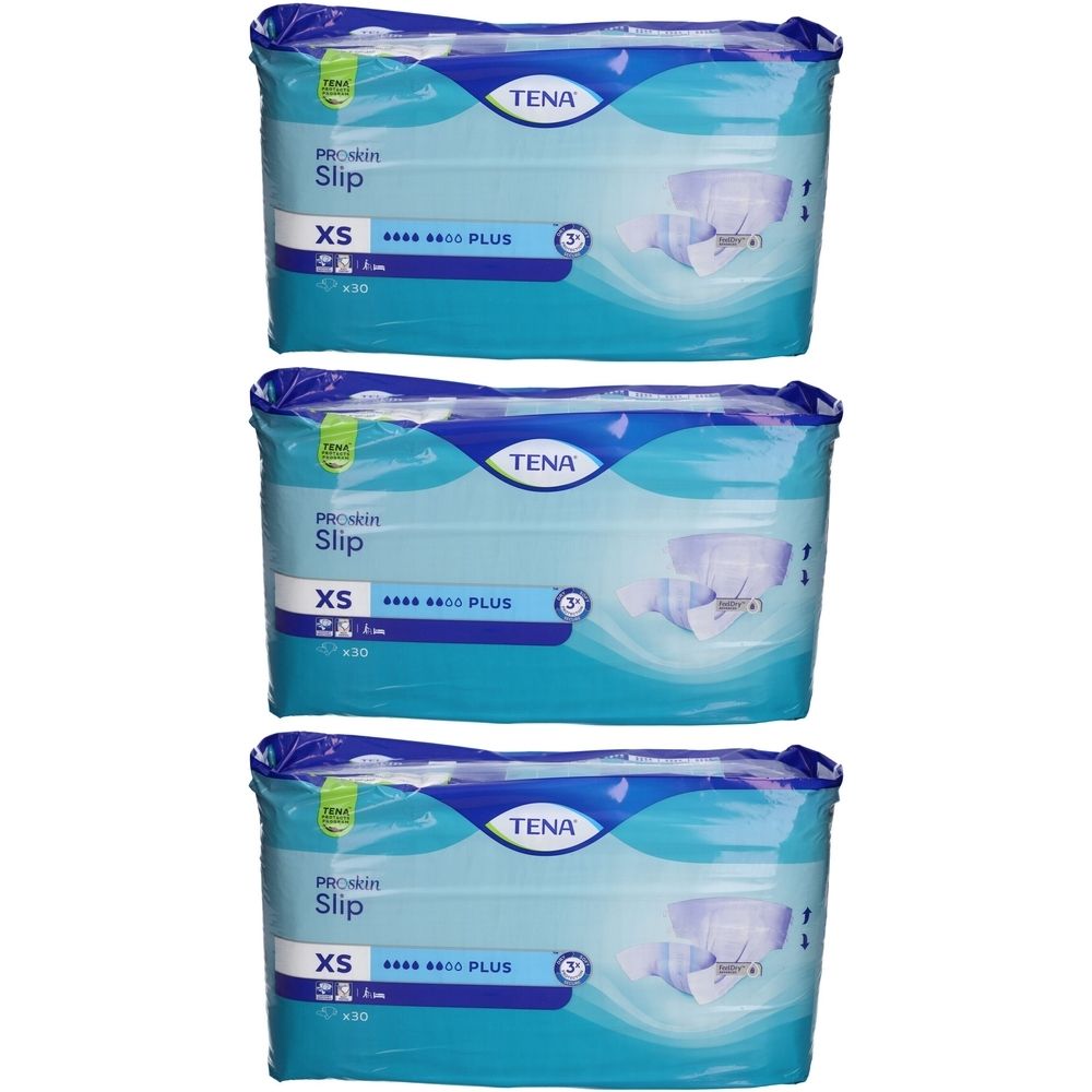 Drei Packungen TENA Slip XS. Blaue Verpackung mit Produktbezeichnung und Logo. XS-Größe, Plus-Saugstärke.