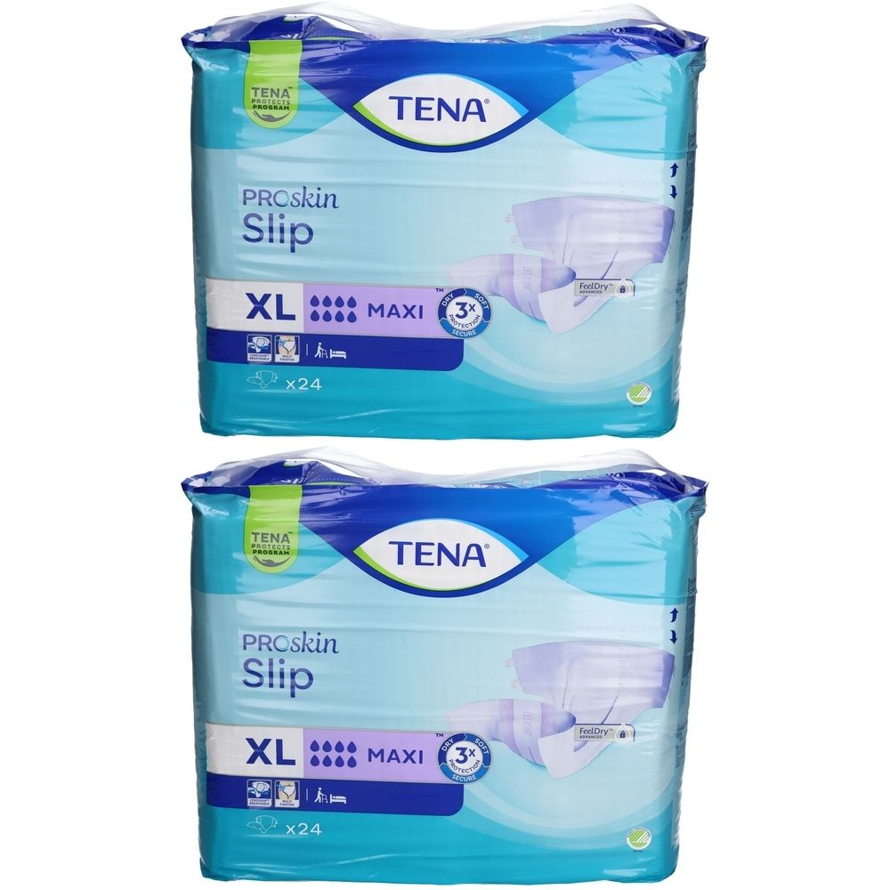 Zwei Packungen TENA ProSkin Slip Maxi XL in Folie verpackt. Aufdrucke: Marke, Produktname, Größe, Saugstärke und Anzahl.