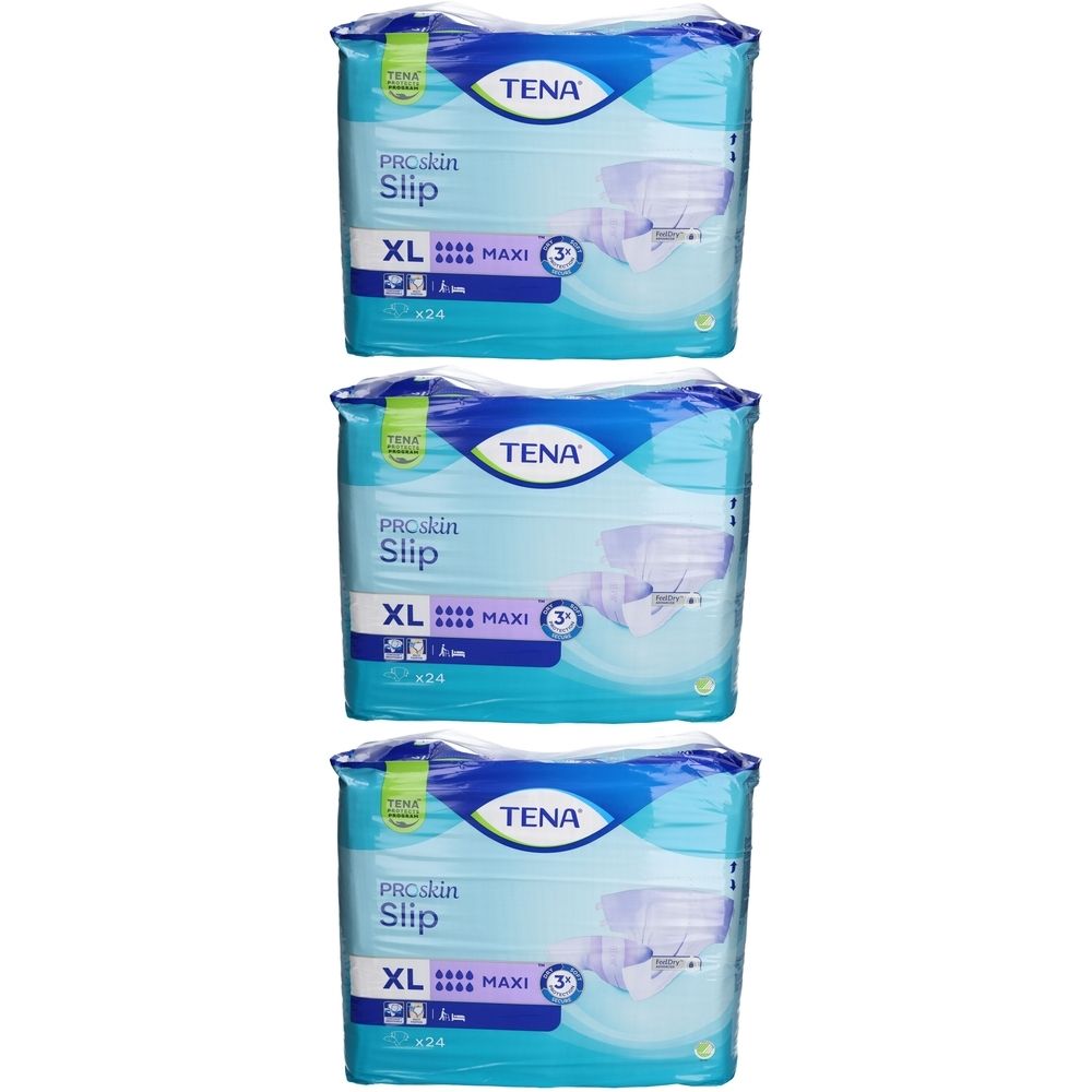 Drei Packungen TENA ProSkin Slip Maxi XL. Verpackung mit Produktnamen, Größe und Saugstärke. Blaue und weiße Verpackung.