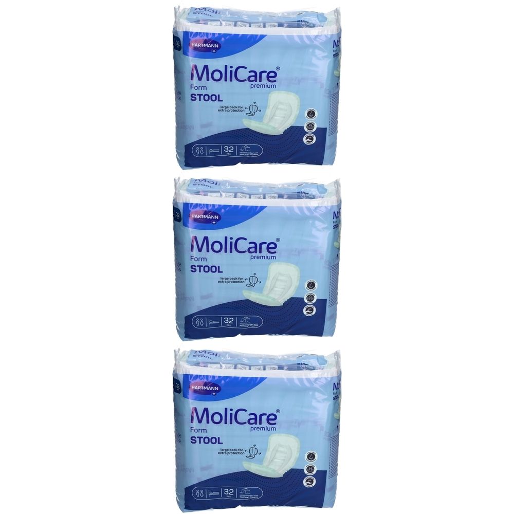 Drei Packungen MoliCare Premium Form STOOL. Blaue Verpackung mit Produktabbildung und Schriftzug.