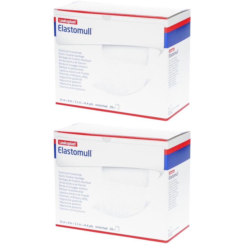 Zwei weiße Kartons mit der Aufschrift "Leukoplast Elastomull". Aufdrucke in mehreren Sprachen. Größe: 8 cm x 4 m.