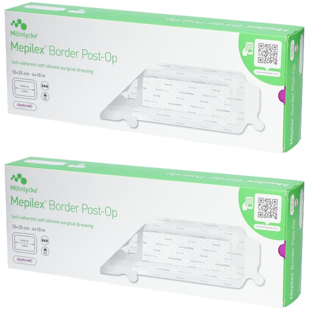 Deux boîtes de Mepilex Border Post-Op. Pansement chirurgical auto-adhésif en silicone souple. Fenêtre montrant le pansement. Emballage vert et blanc.