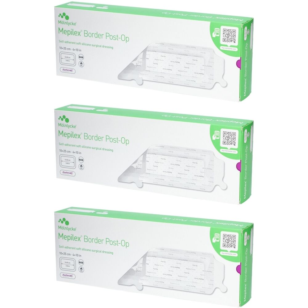 Trois boîtes de Mepilex Border Post-Op. Emballage vert et blanc avec nom du produit et code QR. Fenêtre montrant le pansement.