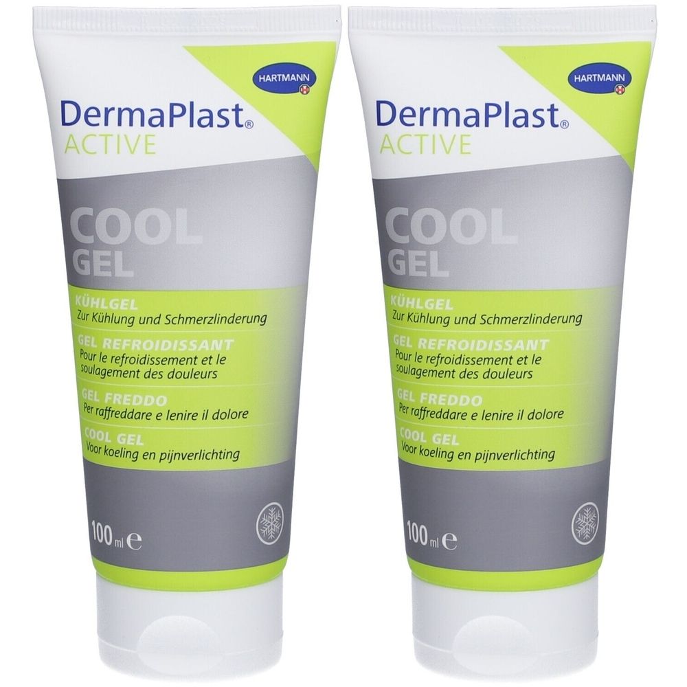 Zwei Tuben DermaPlast Active Cool Gel. Weiß, grau und grün. Text: Kühlgel, zur Kühlung und Schmerzlinderung. 100 ml.
