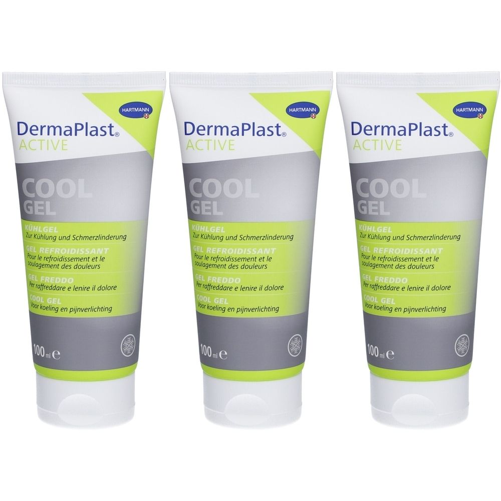 Drei Tuben DermaPlast Active Cool Gel. Weiße Tuben mit grünen und grauen Akzenten. Text: Cool Gel, zur Kühlung und Schmerzlinderung.