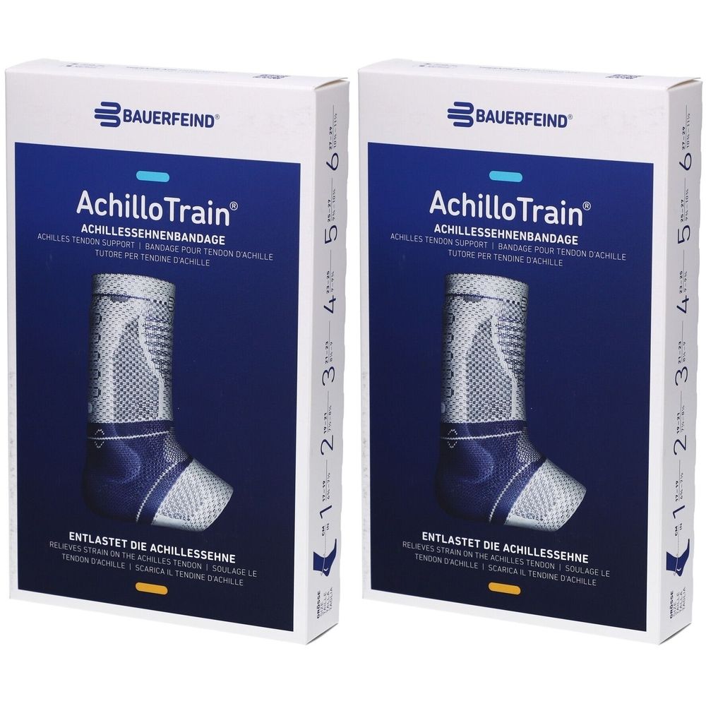 Zwei AchilloTrain Bandagen von Bauerfeind in Verpackung. Produktname und Logo sichtbar. Größenangaben auf der Verpackung.