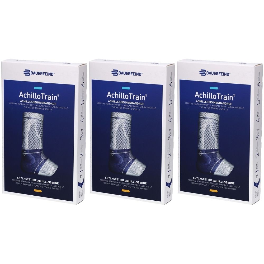 Drei Verpackungen von Bauerfeind AchilloTrain. Jede Box zeigt eine Knöchelbandage und den Schriftzug AchilloTrain.