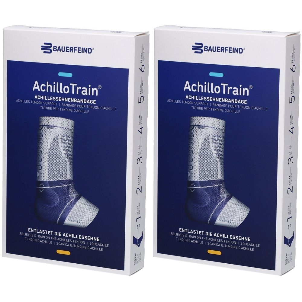 Zwei Verpackungen der AchilloTrain Bandage. Aufschrift: Bauerfeind, AchilloTrain, Achillessehnenbandage. Größenangabe auf der Seite.