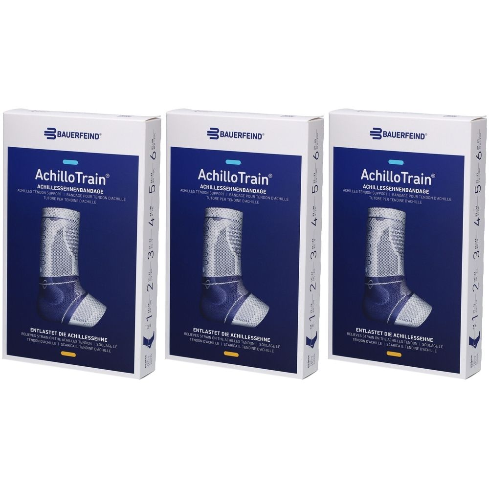 Drei Produktverpackungen. Auf jeder Verpackung ist ein Achillessehnenbandage abgebildet. Der Markenname Bauerfeind ist sichtbar.