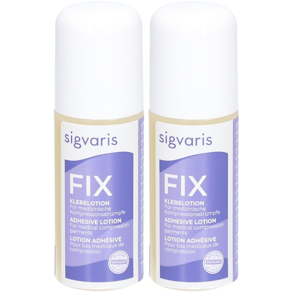 Zwei Flaschen mit weißem Deckel und lila Etikett. Aufschrift: sigvaris FIX Klebelotion für Kompressionsstrümpfe.