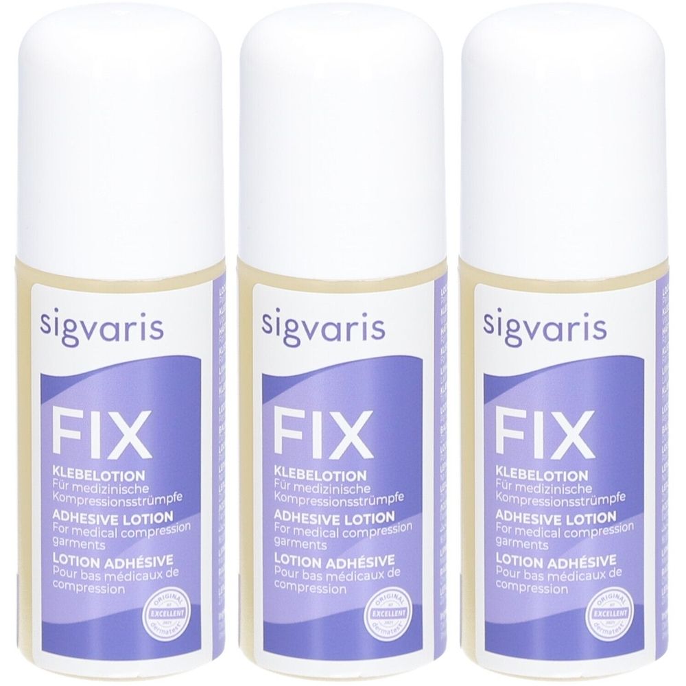 Drei Flaschen SIGVARIS FIX Klebelotion für Kompressionsstrümpfe. Weiße Kappen, lila Etikett mit Text. Aufschrift: ADHESIVE LOTION.