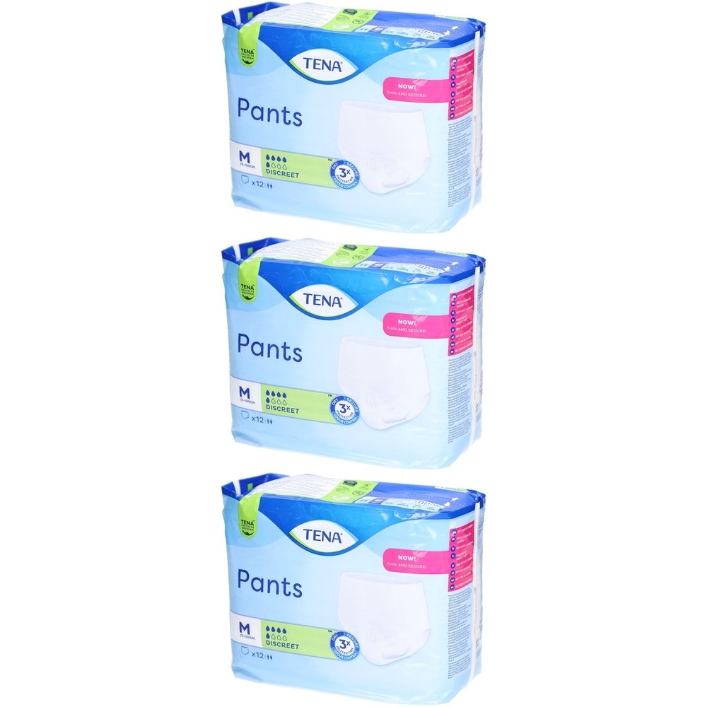 Trois paquets de TENA Pants M. Emballage bleu avec un pantalon blanc, marque et nom du produit.