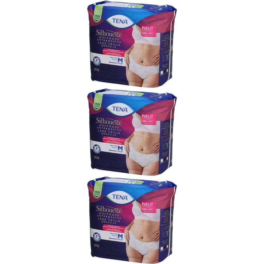 Drei Packungen TENA Silhouette Plus White M. Jede Packung zeigt eine Frau in weißer Unterwäsche. Aufschrift: NEU!