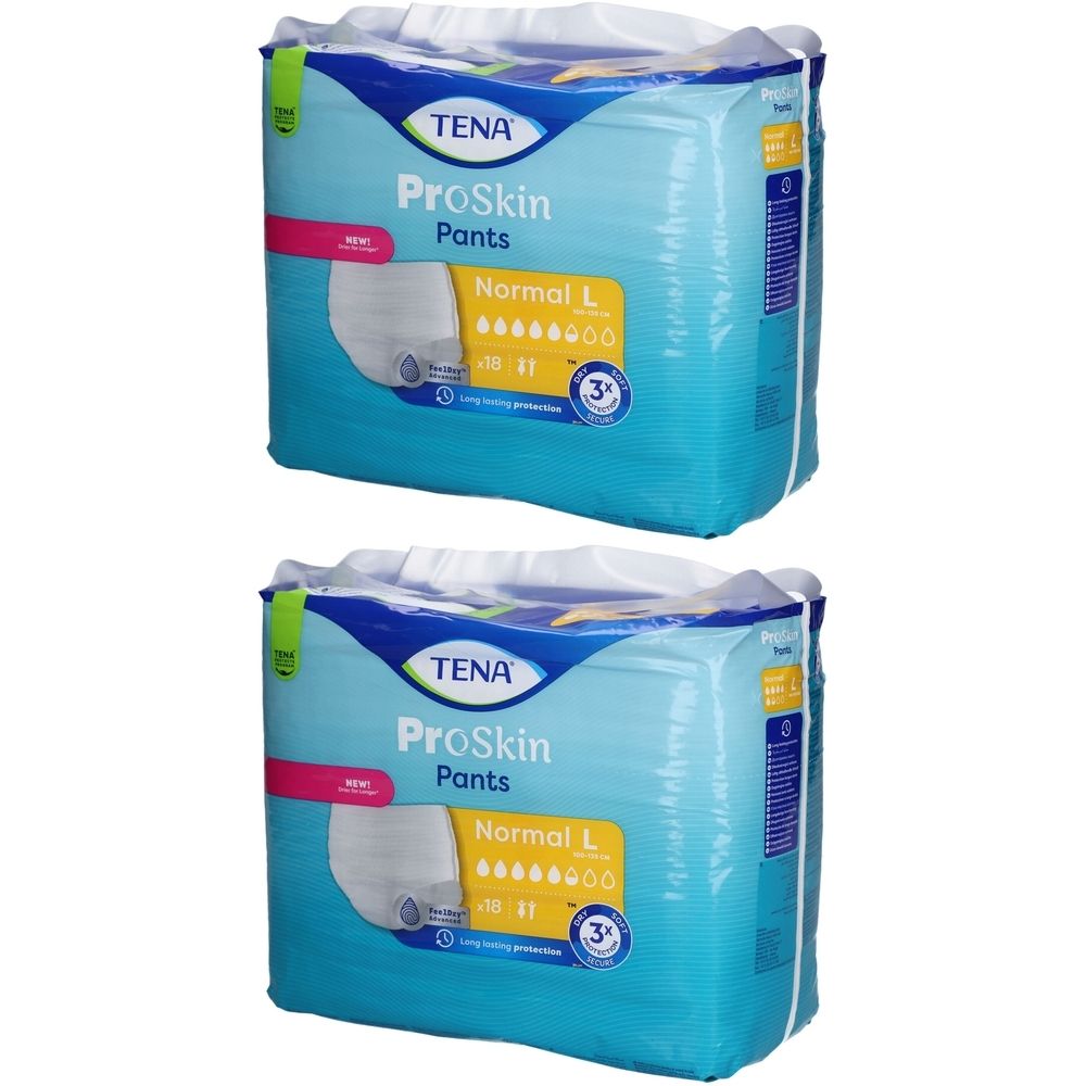 Zwei Packungen TENA ProSkin Pants Normal L. Hellblaue Verpackung mit Produktabbildung und Logos. Größe L, Saugstärke 3.