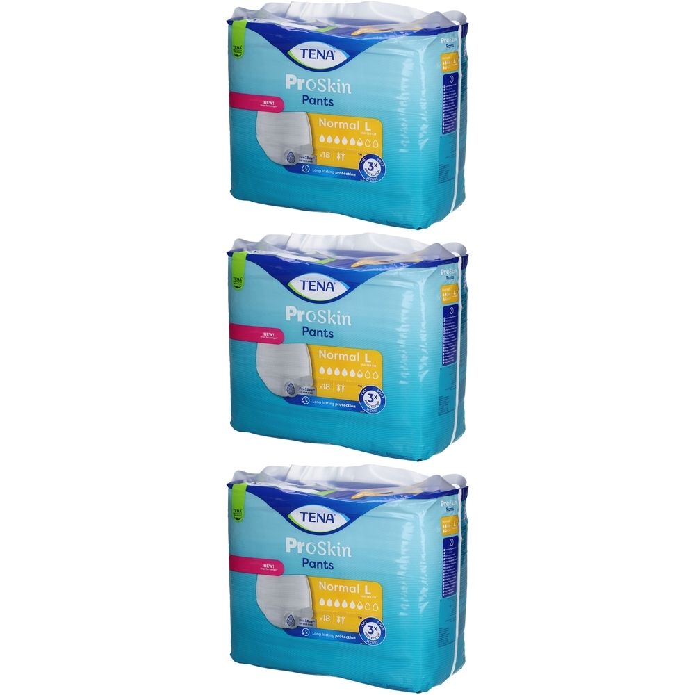 Drei Packungen TENA ProSkin Pants Normal L. Blaue Verpackung mit Produktinformationen und Logo. 3 Stück.