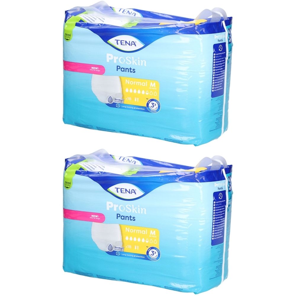 Zwei Packungen TENA ProSkin Pants Normal M. Blaue Verpackung mit Produktinformationen und Logo. Sichtbare Größenangabe.