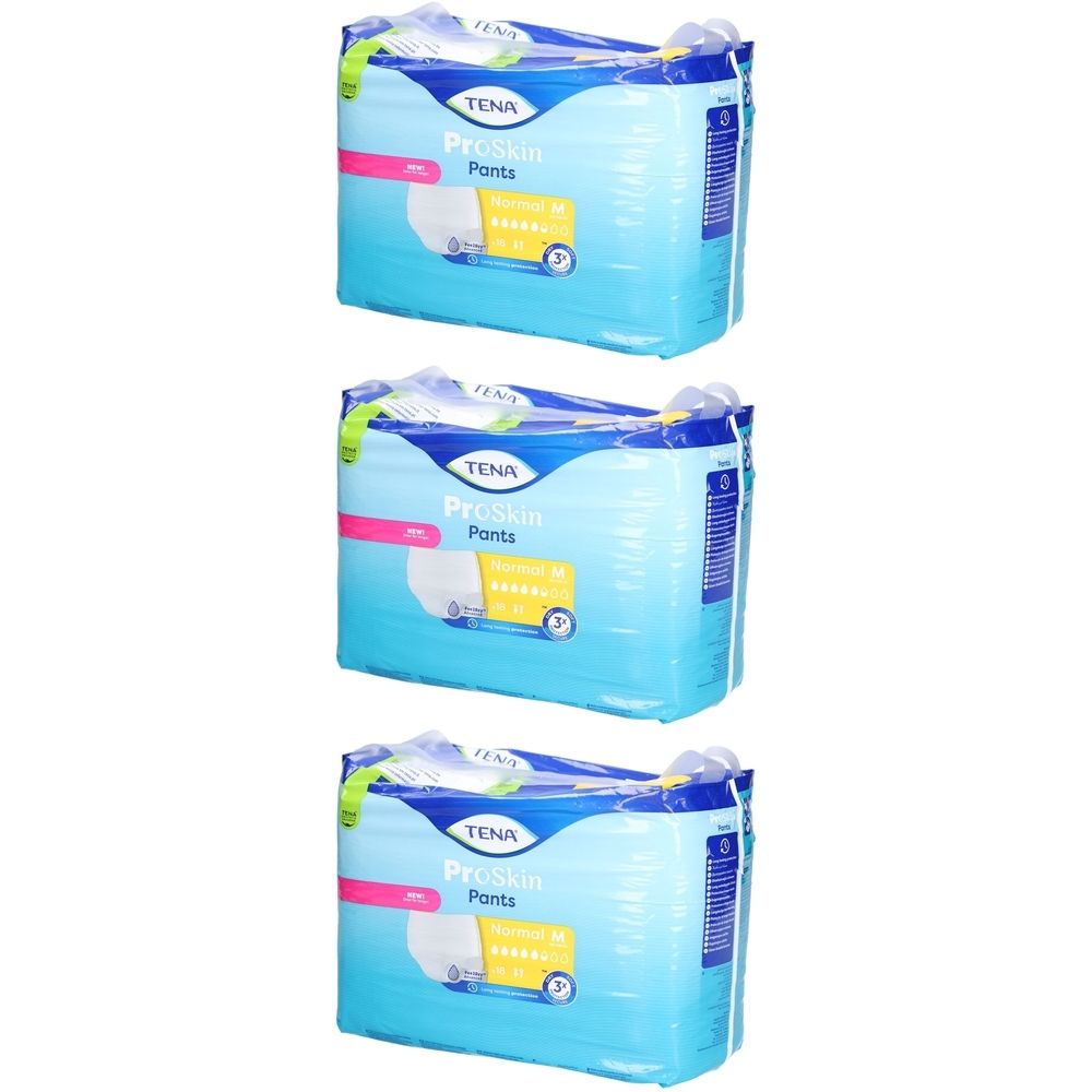 Drei Packungen TENA ProSkin Pants Normal M. Blaue Verpackung mit Produktinformationen und Logo. Sichtbare Größenangabe.
