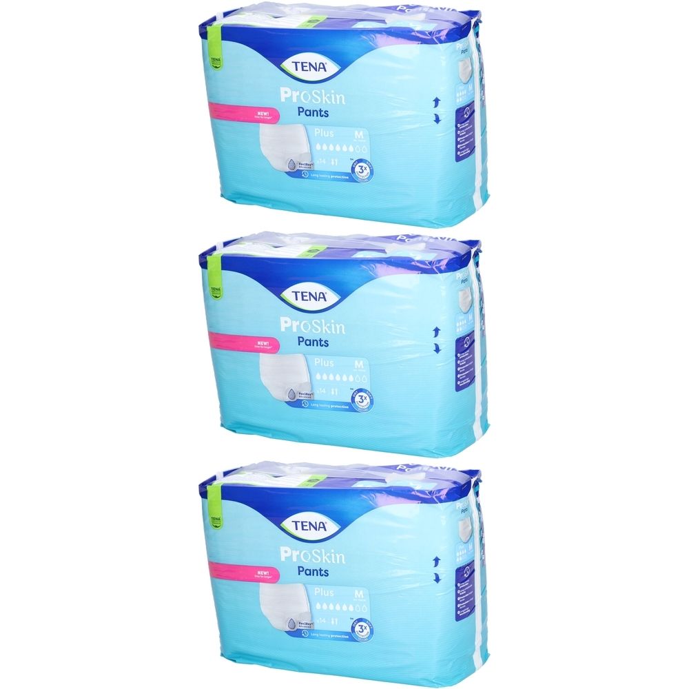 Drei Packungen TENA ProSkin Pants Plus M. Hellblaue Verpackung mit Produktnamen und Größenangabe. Grüne und pinke Akzente.
