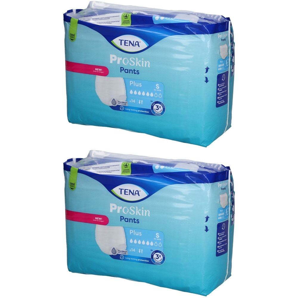 Zwei Packungen TENA ProSkin Pants Plus. Hellblaue Verpackung mit Produktbezeichnung und Logo.