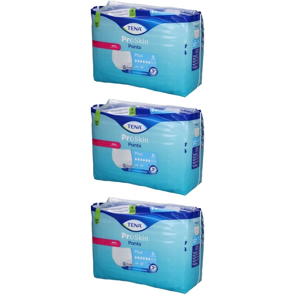 Drei Packungen TENA ProSkin Pants Plus. Hellblaue Verpackung mit Produktbezeichnung und Größenangabe. Plastikverpackung.