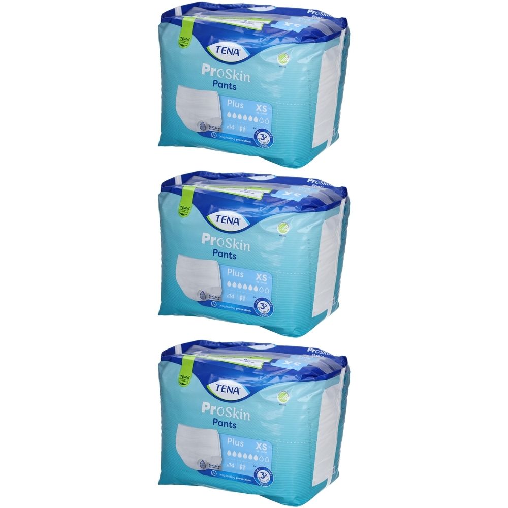 Trois paquets de TENA ProSkin Pants Plus XS. Emballage bleu clair avec nom du produit et indicateur d'absorption.