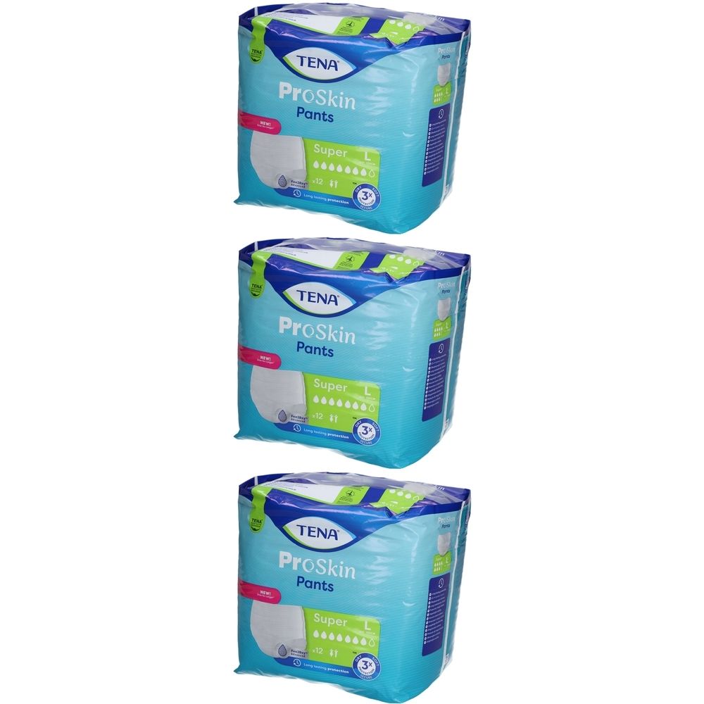 Drei Packungen TENA ProSkin Pants Super L. Blaue Verpackung mit Produktbezeichnung und Saugstärkenangabe.