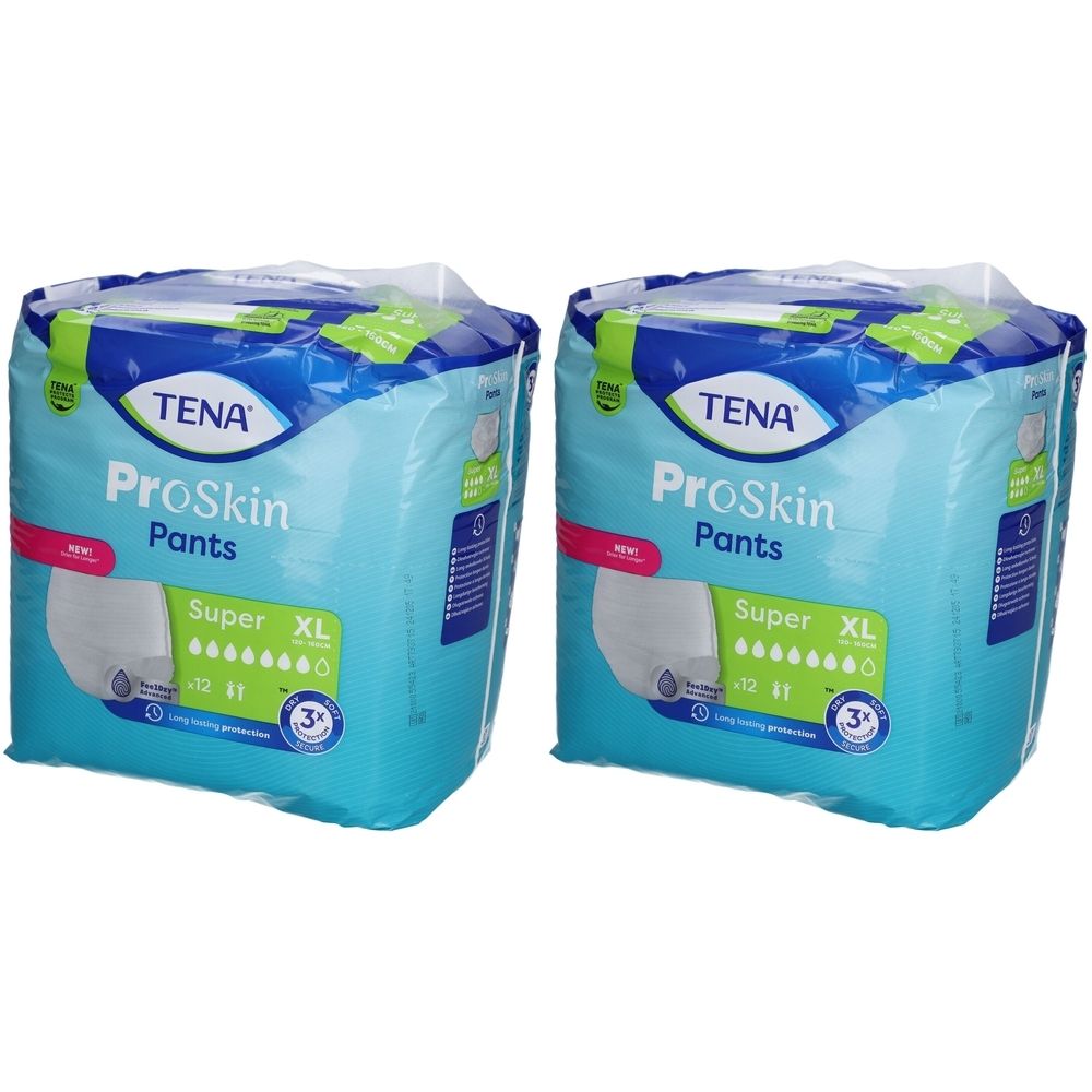 Zwei Packungen TENA ProSkin Pants Super XL. Blaue Verpackung mit Produktbezeichnung und Saugstärken-Indikator.