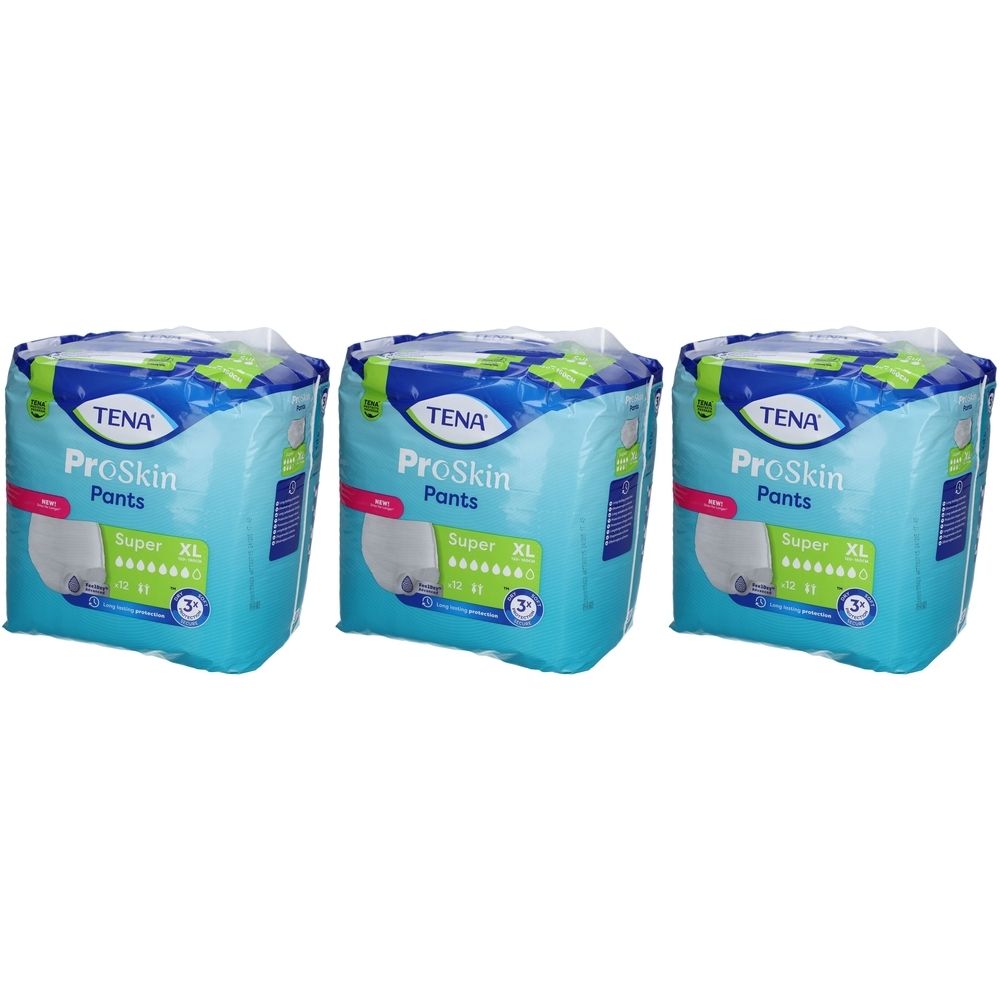 Drei Packungen TENA ProSkin Pants Super XL. Hellblaue Verpackung mit Produktbezeichnung, Saugstärke und Größenangabe.