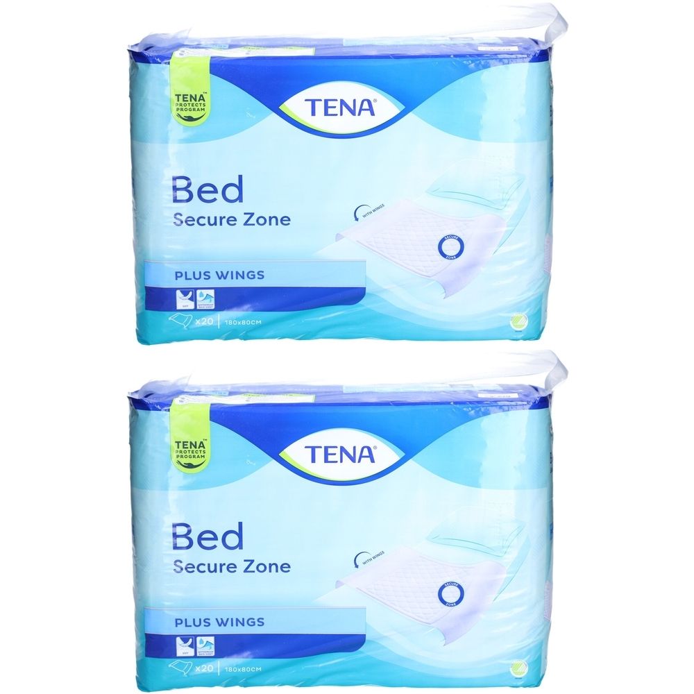Zwei Pakete TENA Bed Plus Wings. Aufschrift: Bed Secure Zone. Verpackung in Blau und Weiß. Marke TENA.