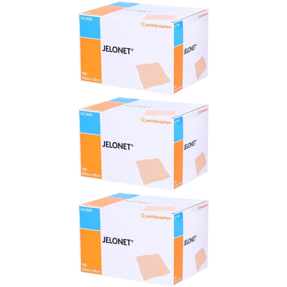 Trois boîtes de compresses de gaze JELONET. Inscription : Smith & Nephew, 10 cm x 10 cm. Orange, bleu et blanc. Compresse individuelle illustrée.