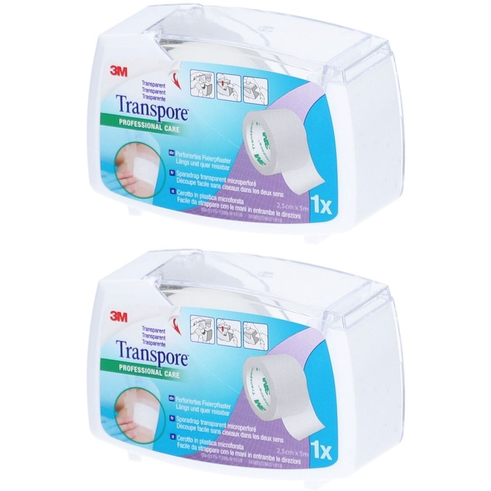 Zwei Packungen transparentes Pflaster. Jede Packung enthält eine Rolle Pflaster in einem transparenten Spender.