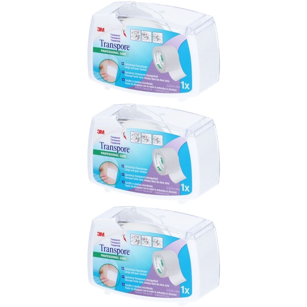 Drei Packungen 3M Transpore Pflaster. Jede Packung zeigt eine Rolle transparentes Pflaster in einem transparenten Behälter.