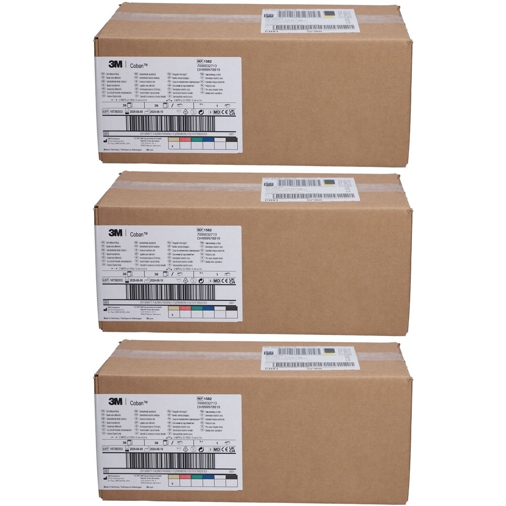 Drei braune Kartons mit Etiketten. Auf den Etiketten sind Logos von 3M und Coban zu sehen. Barcodes und Produktinformationen sind ebenfalls vorhanden.