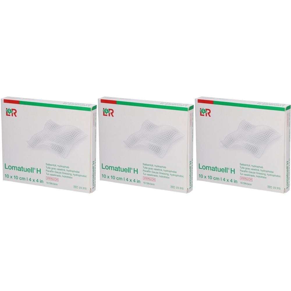 Drei Schachteln Lomatuell H. Auf jeder Schachtel steht der Produktname und die Größe 10 x 10 cm.