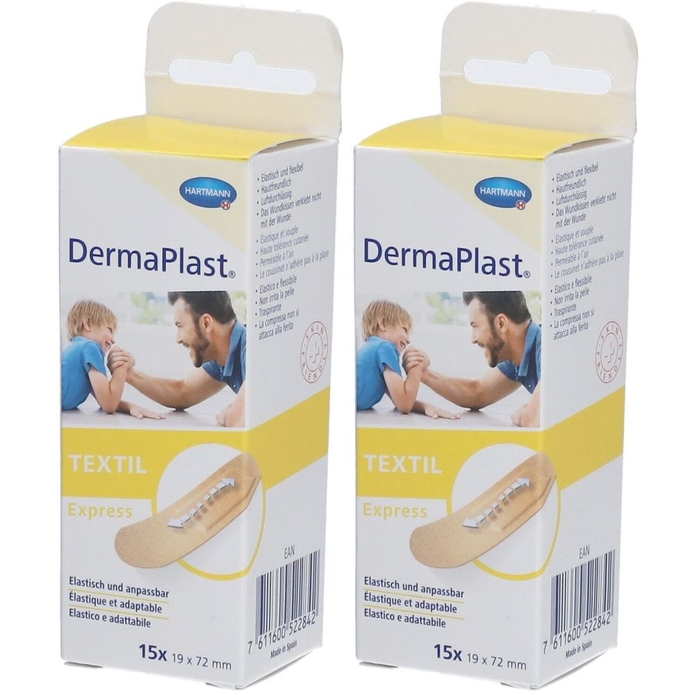 Zwei Schachteln mit Pflastern. Aufdruck: DermaPlast, Textil Express. Größe: 19 x 72 mm. Verpackung mit 15 Pflastern.
