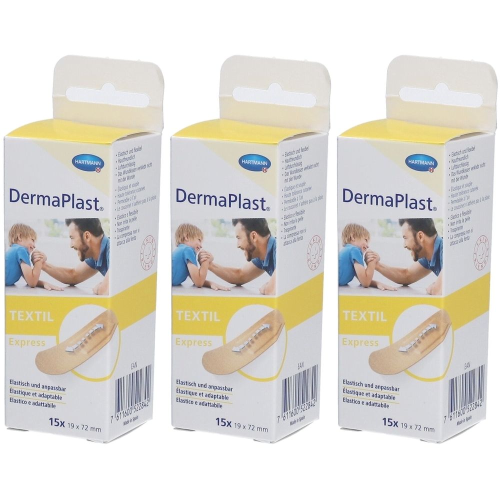 Drei Schachteln mit Pflastern. Auf jeder Schachtel steht "DermaPlast". Aufdruck: "TEXTIL Express". Größe: 19 x 72 mm.