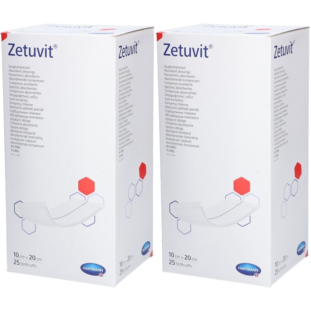 Zwei Kartons Zetuvit Saugkompressen. Aufdruck: 10 x 20 cm, 25 Stück. Logo Hartmann.