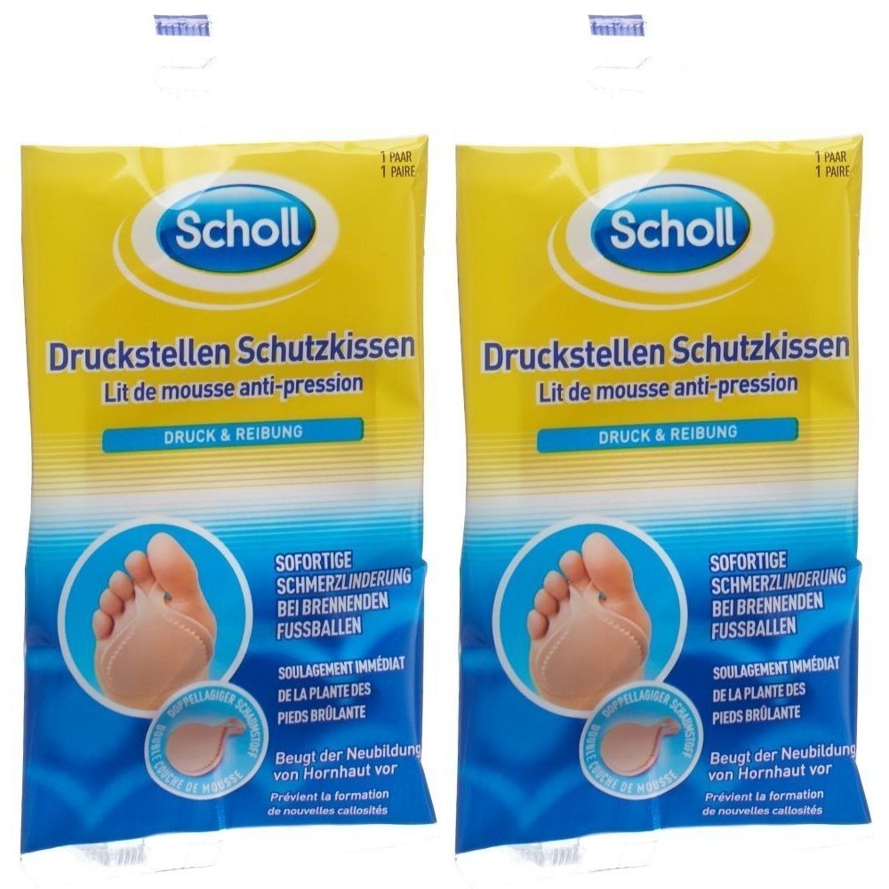 Zwei Packungen Scholl Druckstellen Schutzkissen. Gelbe Verpackung mit Produktname und Fußabbildung. Text in Deutsch und Französisch.