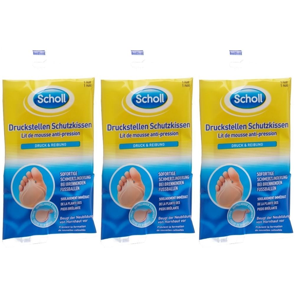 Drei Packungen Scholl Druckstellen Schutzkissen. Gelbe Verpackung mit Produktabbildung und Text. Marke Scholl sichtbar.