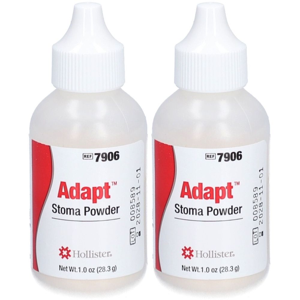 Zwei Flaschen HOLLISTER ADAPT Stoma Puder. Weiße Flaschen mit rotem Etikett. Aufschrift: Adapt Stoma Powder. Netto 28,3 g.