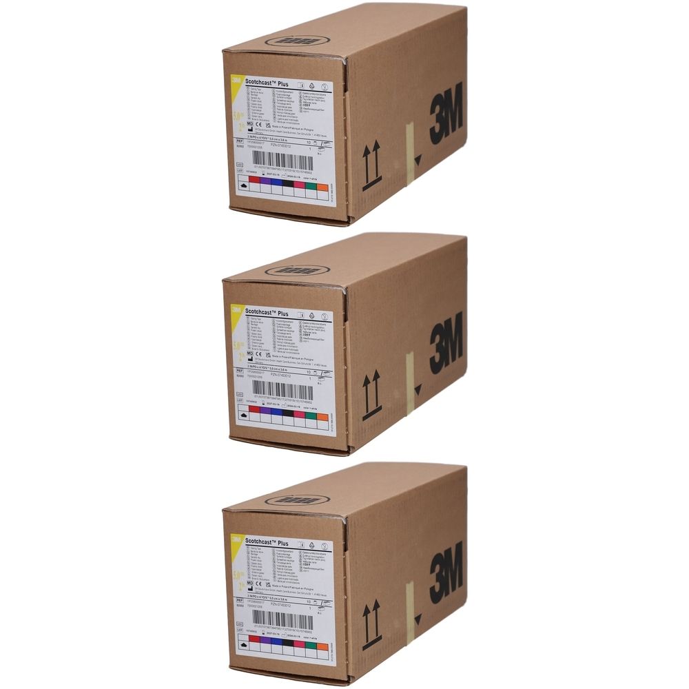 Drei braune Kartons mit Produktetiketten. Aufdruck "3M". Pfeile zeigen die Richtung an. Auf den Etiketten sind farbige Streifen zu sehen.