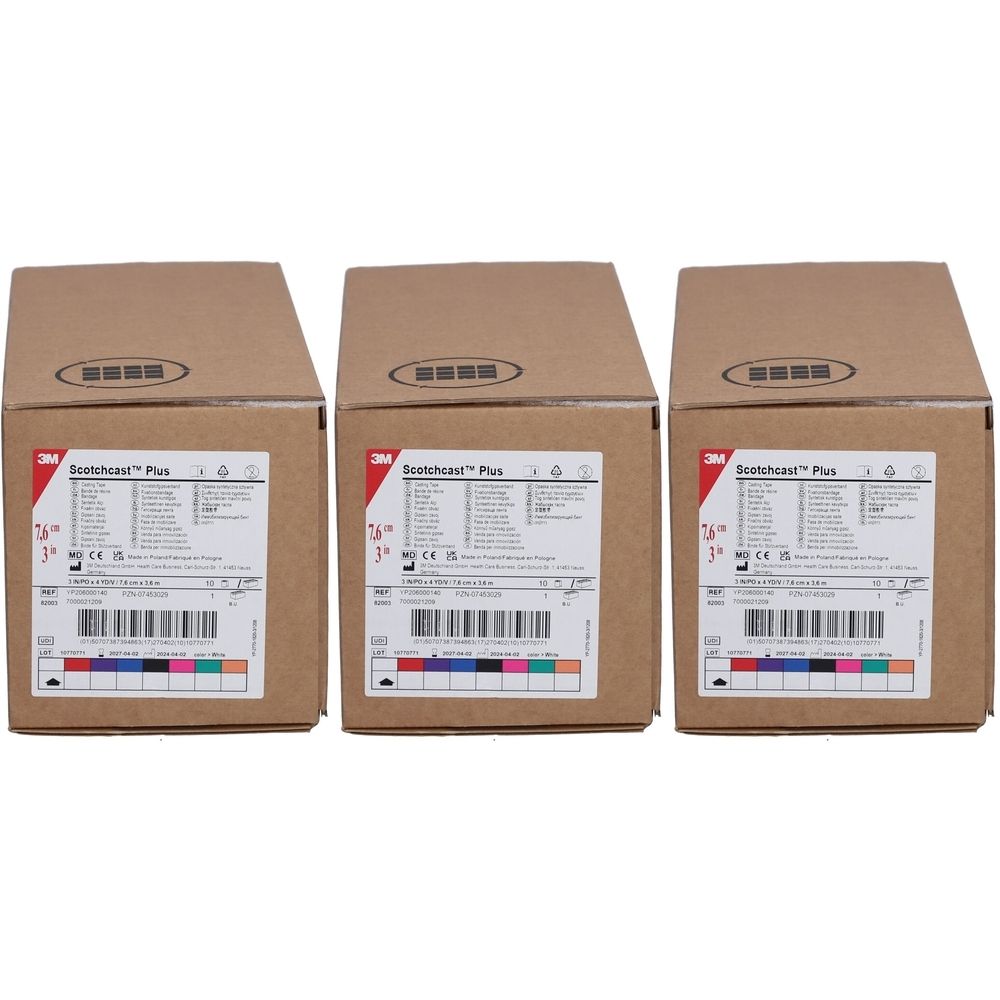 Trois boîtes de bandage 3M Scotchcast Plus. Informations produit et code couleur imprimés. Boîtes marron.